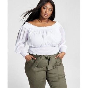 Bar III Women's Long Sleeve Trendy Cropped Peasant Top Bright White Plus Size 0X